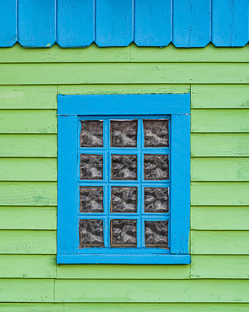 Blue on Green Window Frame