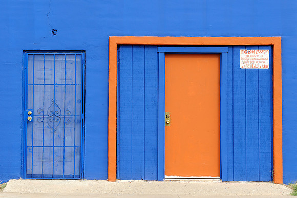 Blue building with orange trim