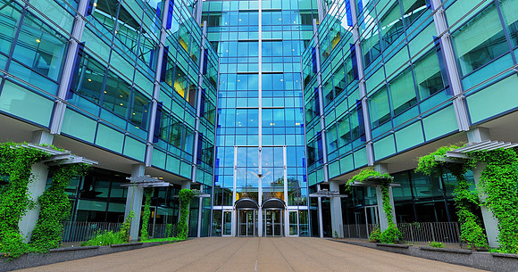 Green on blue building